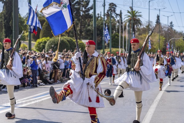 The traditional changing of the guard of the Evzones in front of the Greek Parliament in the Greek capital Athens, Greece