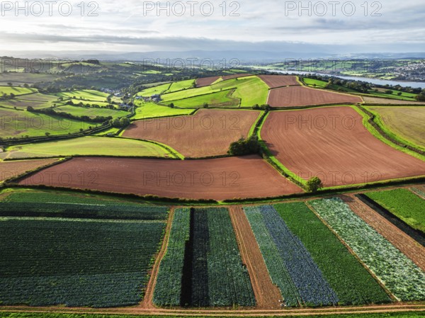Fields and Farms at evening sun from a drone, Shaldon, Torquay, Devon, England, United Kingdom