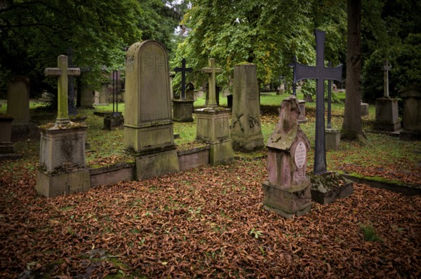 Gravestones, grave, graves, Hoppenlauf cemetery, oldest preserved cemetery in Stuttgart, autumn leaves, autumn, autumnal, Baden-Württemberg, Germany
