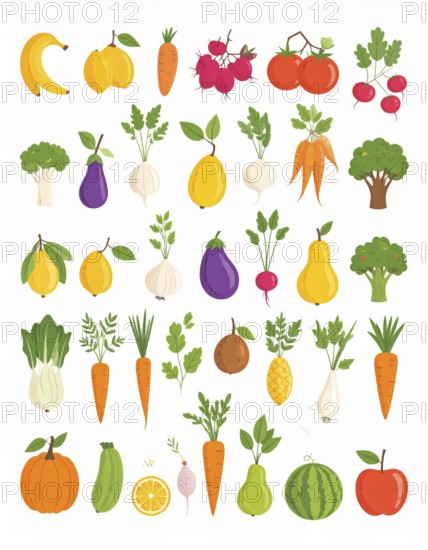 Spring and summer fruit and vegetable element set, vector illustration, AI generated
