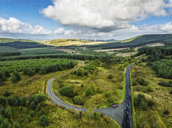 Wind Farm from a drone, Roxburghshire, Roxburgh, Southern Uplands, Scotland, UK