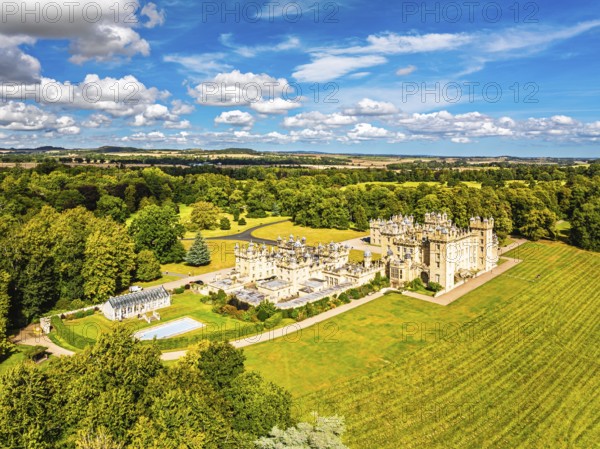 Floors Castle and garden from a drone, Duke of Roxburghe, Roxburghshire, Scotland, UK
