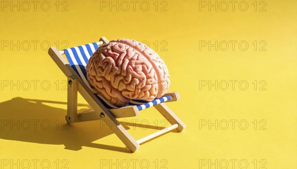 Brain relaxes on a sunbed under the summer sun, placed on a flat surface, symbol for mental health, AI generated