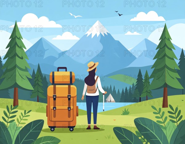 Traveling and hiking in mountain landscape, abstract vector illustration, AI generated image