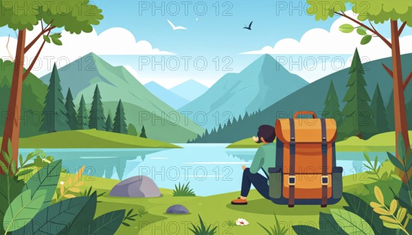 Traveling and hiking in mountain landscape, abstract vector illustration, AI generated image