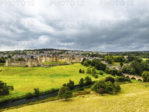 Alnwick Castle from a drone, Alnwick, Northumberland, England, United Kingdom