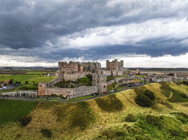 Bamburgh Castle from a drone, Northumberland, Northeast Coast, England, United Kingdom