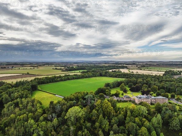 Paxton House over River Tweed from a drone, Paxton, Berwick-upon-Tweed, Berwickshire, Scotland, UK