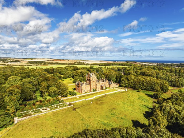 Ayton Castle from a drone, Ayton, Eyemouth, Scottish Borders, Scotland, UK