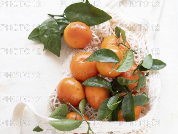 Vibrant tangerines with green leaves rest in a reusable shopping bag, embodying eco-conscious consumerism and sustainable living