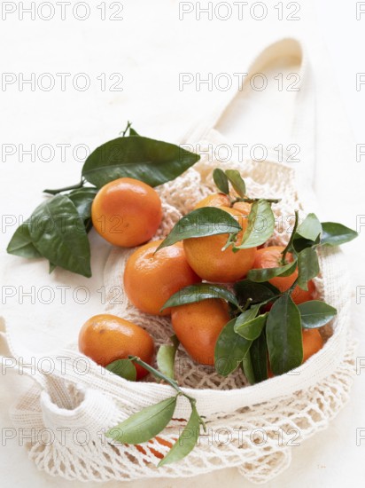 Vibrant tangerines with green leaves are nestled in a reusable shopping bag, promoting a sustainable lifestyle