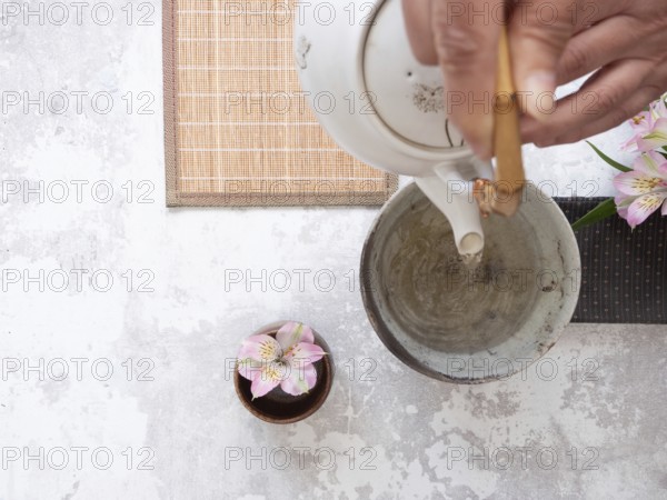 Hands gracefully pouring tea from a white teapot into a ceramic bowl, embodying the tranquility and ritual of a traditional tea ceremony
