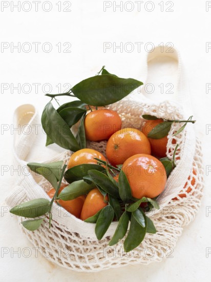 Ripe tangerines with green leaves inside a reusable mesh bag promoting sustainable shopping