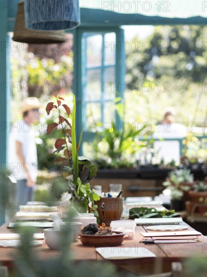 Workshop table prepared with flowers, vegetables, notebooks and tools for creating natural inks and pigments