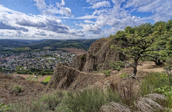 Ausblick vom Rotenfels, einer Steilwand am Naheufer im Naturpark Soonwald-Nahe, auf das Nahetal und die Stadt Bad Kreuznach, OT Bad Münster, im Weinbaugebiet der Pfalz. Traisen, Landkreis Bad Kreuznach, Rheinland-Pfalz, Deutschland