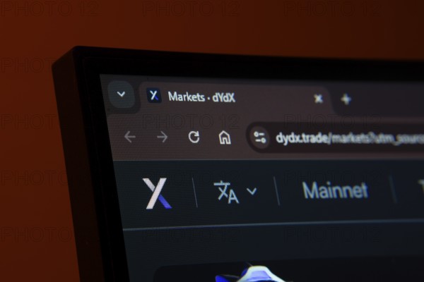 Dhaka, Bangladesh- 03 Oct 2025: Close-up of a computer screen displaying the Dydx web interface in dark mode