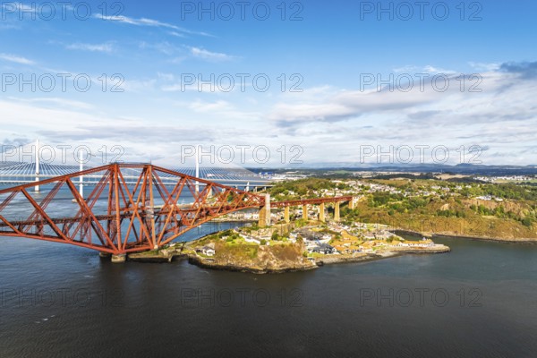 Forth Bridge from a drone, Queensferry Crossing, Forth Estuary, Scotland, United Kingdom