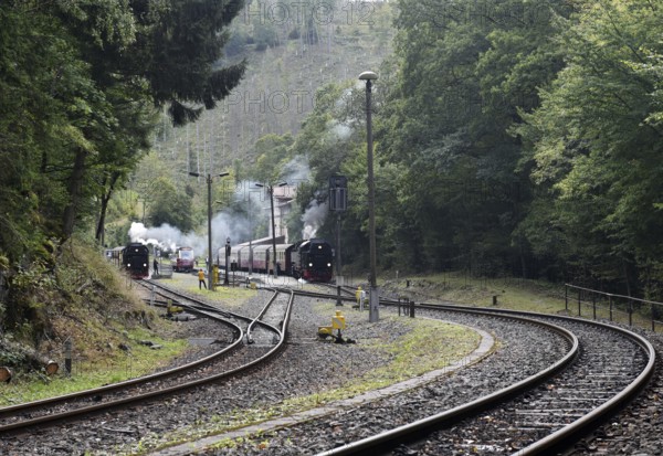 Steam locomotive, steam locomotives double exit on the Harz Narrow Gauge Railway, HSB, in the Harz Mountains near Eisfelder Talmühle, Thuringia, Germany