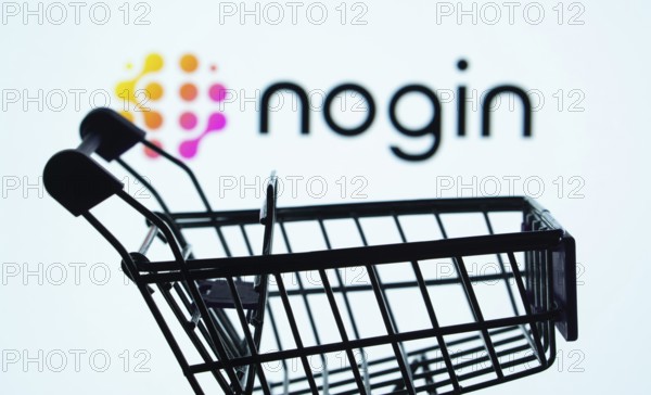 Dhaka, Bangladesh- 03 July 2025: Silhouette of a shopping cart in front of the nogin logo, symbolizing ecommerce and online shopping