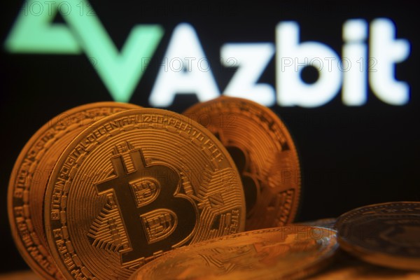 Dhaka, Bangladesh- 02 June 2025: Close-up of Bitcoin coins with the Azbit logo visible on a screen in the background