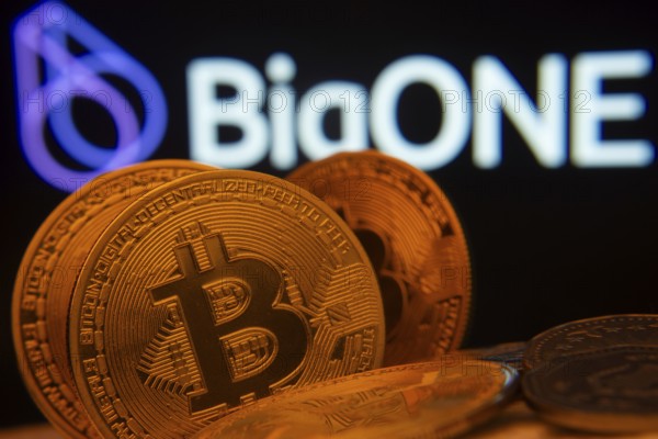 Dhaka, Bangladesh- 15 June 2025: Close-up of Bitcoin coins with the bigONE logo visible on a screen in the background