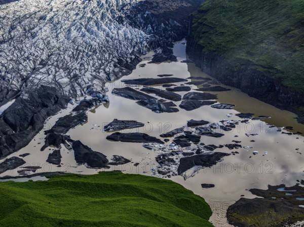 Ice floes, glacier, glacier tongue, glacier lake, sunny, cloudy, morning mood, mountains, reflection, aerial view, summer, Svinavellsjökull, Skaftafell, Vatnajökull National Park, Iceland