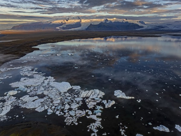 Ice floes, glacier, glacier tongue, fog, clouds, morning mood, mountains, reflection, aerial view, summer, glacier lagoon, Jökulsarlon, Vatnajökull, Iceland