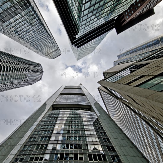 Frog's-eye view of the skyscrapers in the banking district, Four Frankfurt, Frankfurt am Main, Hesse, Germany