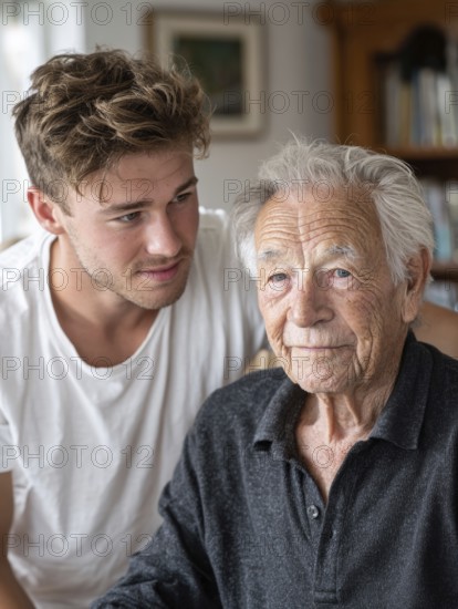 A young carer lovingly looks after a senior in an old people's home, nursing home, symbolic image for care for the elderly, need for care, need for protection, nursing home, nursing staff, care, care for the elderly, dementia, Alzheimer's, loneliness, isolation, loss, old age, AI generated