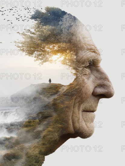 Double exposure of an elderly man and decaying parts of a landscape, symbolic image for memory loss, loss of identity, dementia, Alzheimer's, thoughtfulness, mental health, loss, ageing, fragility, old age depression, depression, AI generated
