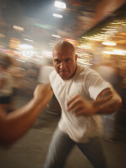 A man gets into a fighting stance, surrounded by dynamic movement and a background filled with lights, symbolic image for physical confrontation in public, use of force, physical violence, act of violence, aggressive behaviour, brawl, AI generated