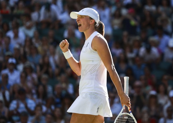 Polish tennis player Iga Swiatek celebrates at the 2025 Wimbledon Championships, London
