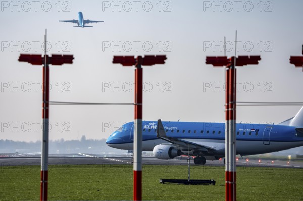 Amsterdam Schiphol Airport, Aalsmeerbaan runway, 18L-36R, KLMflieger on the runway, waiting for take-off, other aircraft taking off, Netherlands