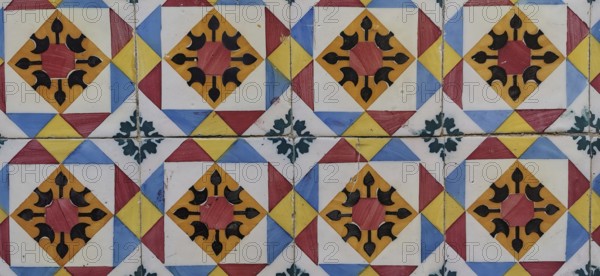 Close-up of decorative, geometrically patterned colorful ceramic tiles, Lisbon, Portugal