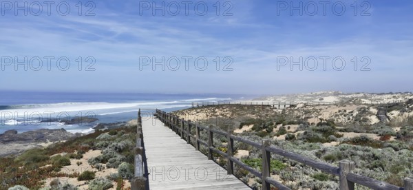 A wooden footbridge leads through vegetation along the coast, hiking on the Fisherman's Trail, fishing trail, Rota Vicentina, Portugal
