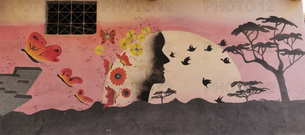 Artful wall painting depicting a human silhouette surrounded by butterflies and flowers, Taroudannt, Morocco