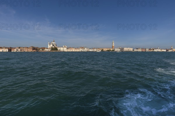 View of Venice with Santa Marial della Salute and St Mark's Tower, Venice Lagoon in front, Venice, Veneto, Italy