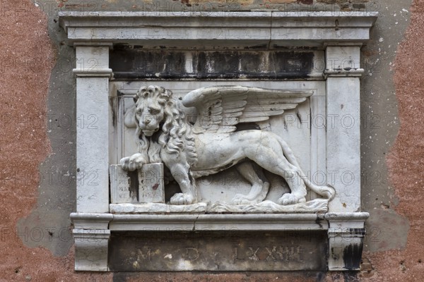 Sculpture of St. Mark's Lion from 1574, emblem of the Republic of Venice, Venice, Veneto, Italy