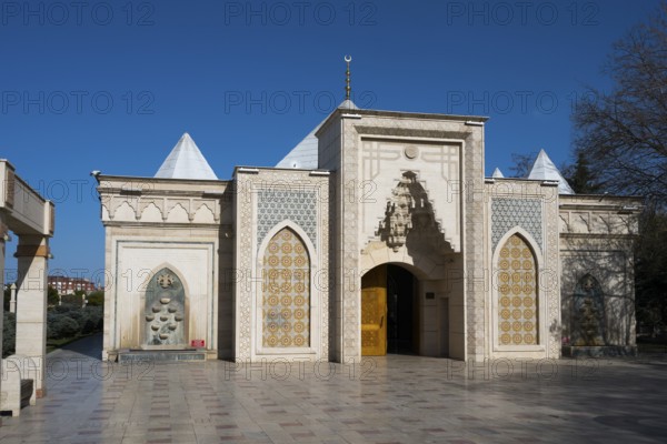 Traditional building with Islamic architectural elements and blue decorations, Istiklal Harbi Sehitleri Abidesi, Memorial, War Memorial to the Victims of the Revolutionary War, Konya, Central Anatolia, Turkey