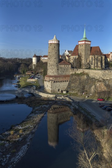 View of the historic city wall with towers of the old town, below the Spree, Bautzen, Upper Lusatia, Saxony, Germany