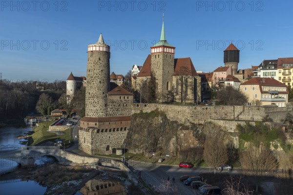 View of the historic city wall with towers of the old town, below the Spree, Bautzen, Upper Lusatia, Saxony, Germany