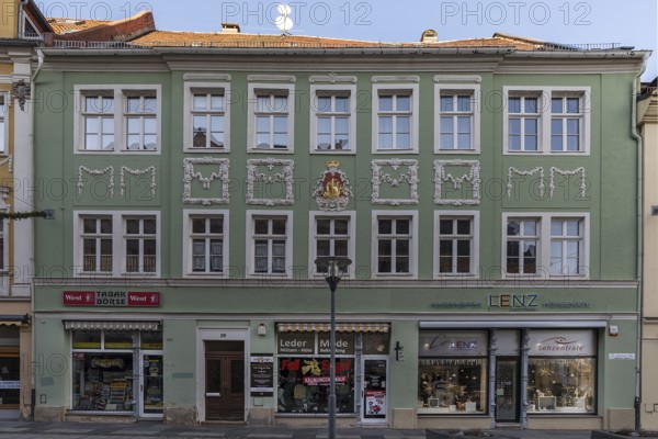 Historic house façade with decorated coat of arms, Bautzen, Upper Lusatia, Saxony, Germany