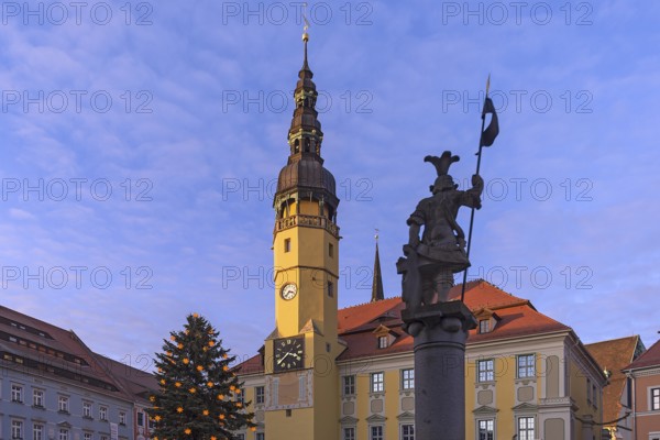 Town Hall, 17th century, in front fountain statue of Knight Dutschmann, Christmas tree, Bautzen, Upper Lusatia, Saxony, Germany