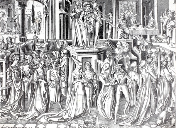 City life in the 15th century, patrician dance festival, after a copper engraving by Israel by Rieckenen, authentic, digitally restored reproduction from a model from the 19th century, exact date of depiction unknown, historical