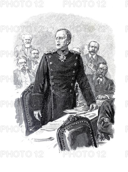 Helmuth Karl Bernhard von Moltke, Baron von Moltke from 1843, Count von Moltke from 1870, known as Moltke the Elder, popularly known as The Great Silent One (born 26 October 1800, died 24 April 1891), was a Prussian field marshal, here during a speech in the Reichstag, authentic, digitally restored reproduction from a 19th century original, exact date of depiction unknown, Historical