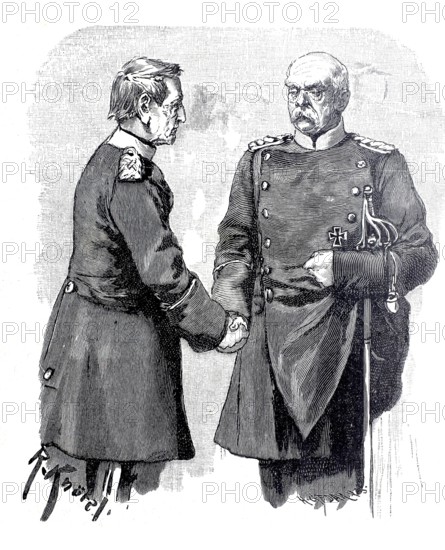 Helmuth Karl Bernhard von Moltke, since 1843 Baron von Moltke, since 1870 Count von Moltke, called Moltke the Elder, popularly known as The Great Silent One (born 26 October 1800, died 24 April 1891), was a Prussian Field Marshal, here with Prince Bismarck immediately after the death of Emperor Wilhelm, in the Reichstag, authentic, digitally restored reproduction from a 19th century original, exact date of depiction unknown, Historical