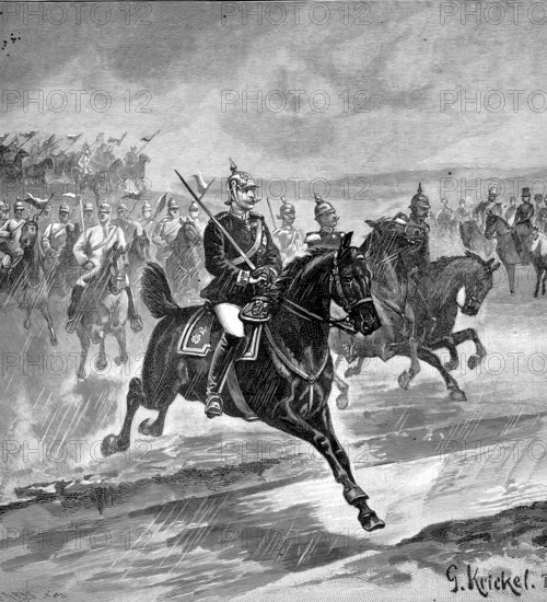 Kaiser Wilhelm at the head of the Garde du Corps regiment attacks it on Bornstedter Feld on June 9, 1891, authentic, digitally restored reproduction of a model from the 19th century, exact date of depiction unknown, historical, A rider in uniform leads a group of cavalry in a dramatic scene