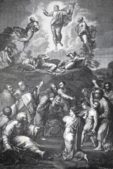 The Transfiguration of Christ on Mount Tabor, authentic, digitally restored reproduction from a 19th century model, exact date of depiction unknown, historical, biblical depiction with Jesus ascending to heaven, observed by his disciples