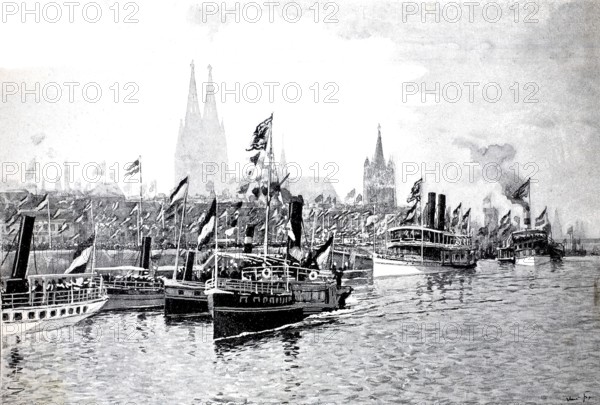 Kaiser Wilhelm visits the Rhineland in 1891, departure of the emperor from Cologne to Bonn, authentic, digitally restored reproduction of a model from the 19th century, exact date of depiction unknown, historical, scene of a city on the river with many ships and flags, buildings and a cathedral in the background
