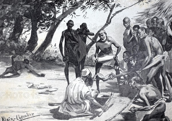 Feeding slaves in Congo around 1885, authentic, digitally restored reproduction from a 19th century model, exact date of depiction unknown, historical, Several people gather outdoors for a meeting surrounded by trees and landscape